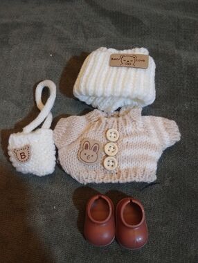 Bear Love Knit Doll Outfit Set - Cream & Brown For Labubu